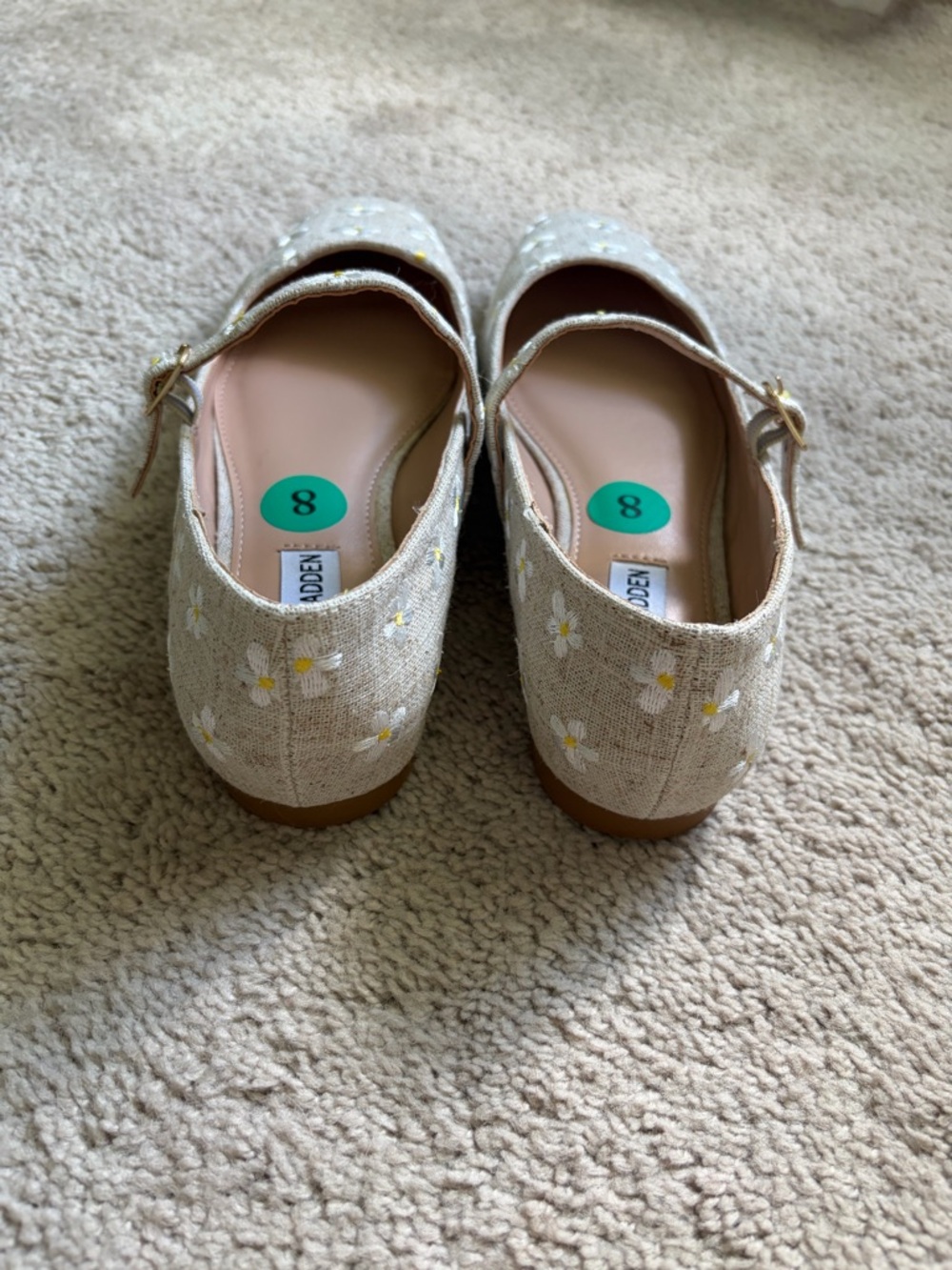 Steve Madden Women’s Boden Tan Linen Embroidered Daisy Mary Jane Flats Size 8 - Picture 4 of 6